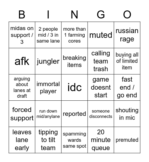 Low Prio Dota Bingo Card