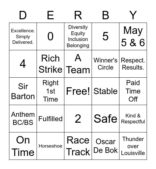 Derby Bingo... DHL STYLE Bingo Card