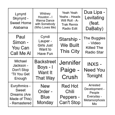 Prince Music Bingo 1 Bingo Card