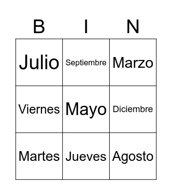 Los Meses y Los Días de la Semana Bingo Card