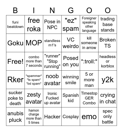 YBA main game bingo chart Bingo Card