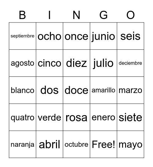 Spanish Recap Bingo Card