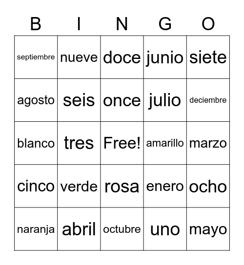 Spanish Recap Bingo Card