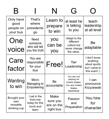 Lead by Example Bingo Card