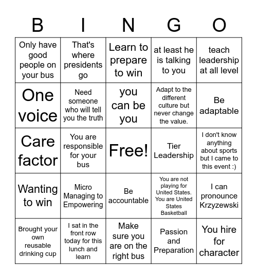 Lead by Example Bingo Card