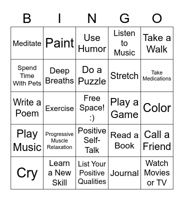Positive Coping Skills Bingo Card