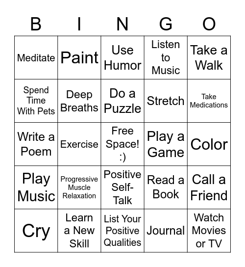 Positive Coping Skills Bingo Card