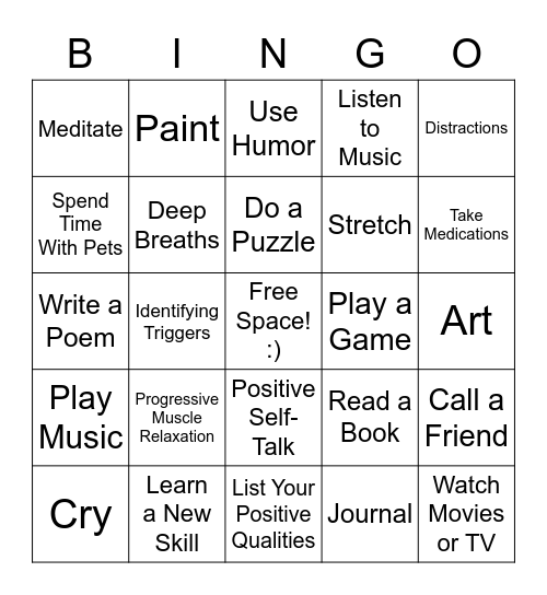Positive Coping Skills Bingo Card