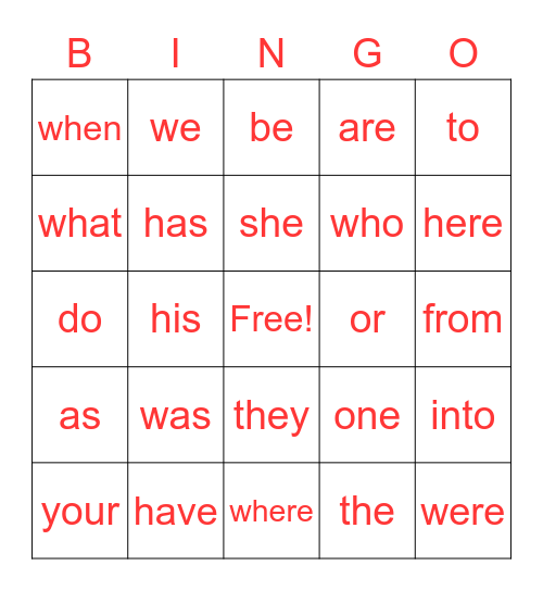 Trick Word Bingo Card