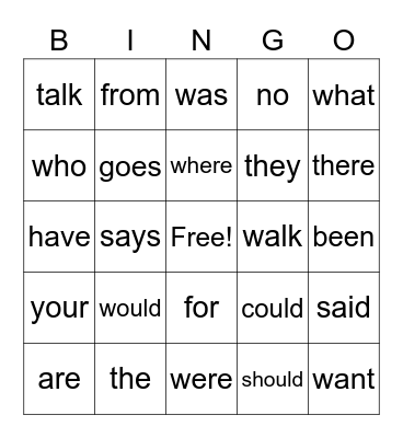 Heart Words Bingo Card