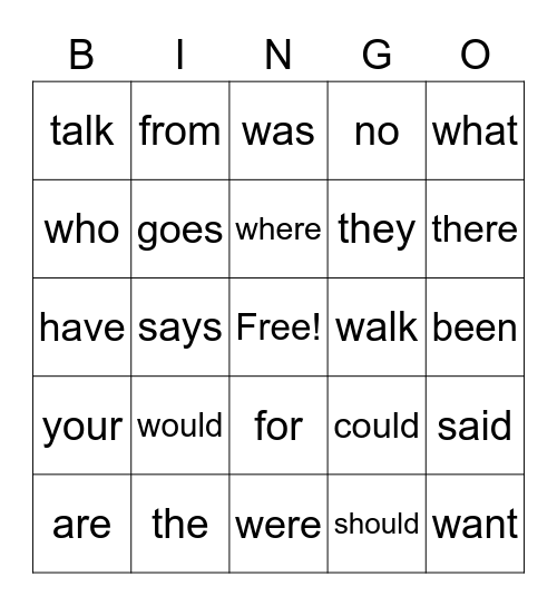 Heart Words Bingo Card