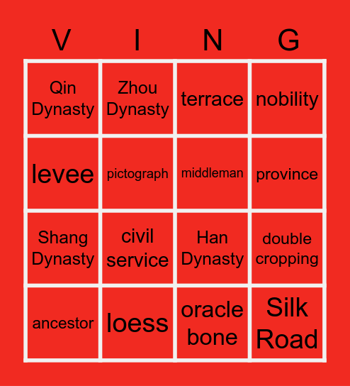 Ancient China Vingo Bingo Card