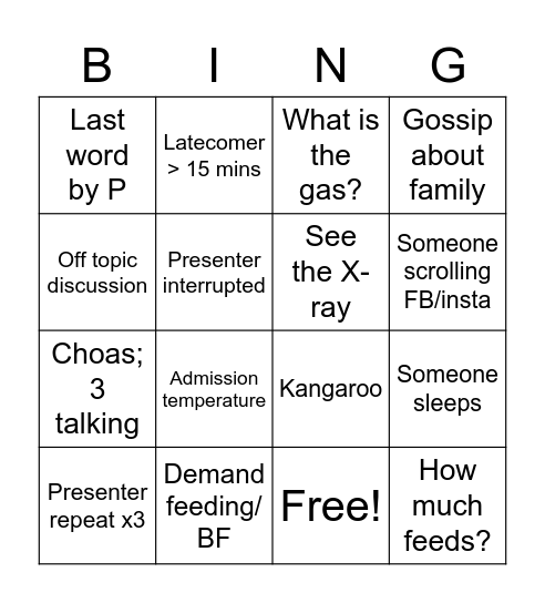 Handover Bingo Card