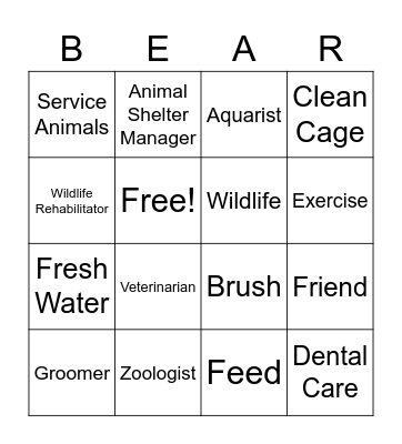 Critter Care Bingo Card