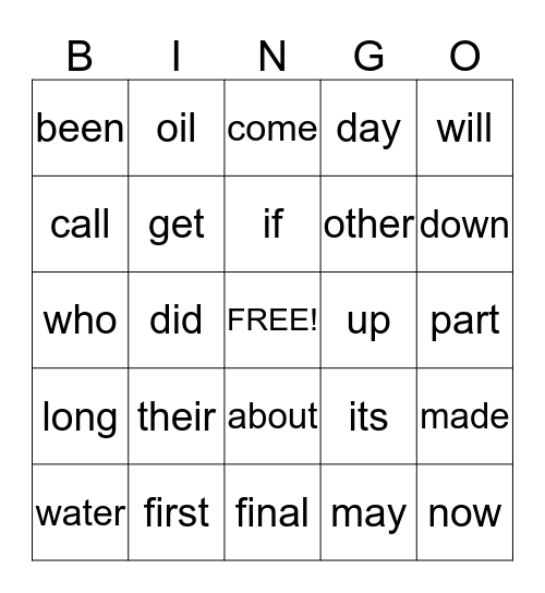 Blue Sight Words BINGO Card