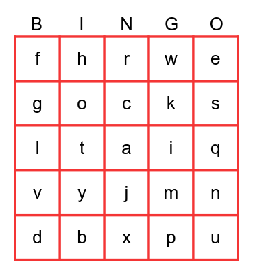 Lowercase Letters Bingo Card