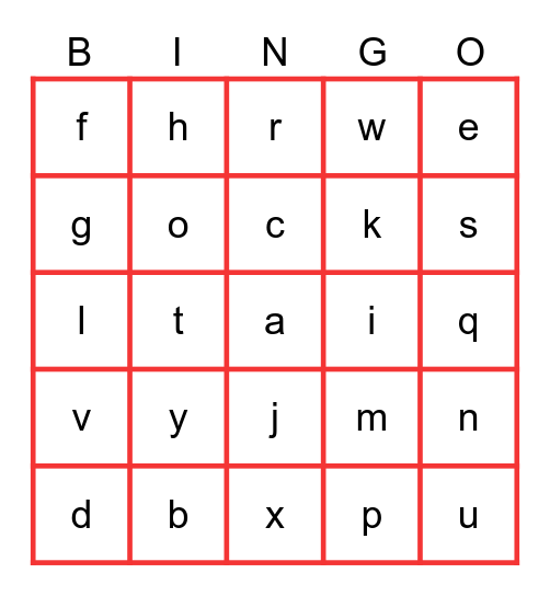 Lowercase Letters Bingo Card