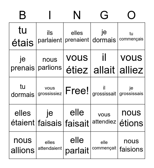 Imparfait Bingo Card