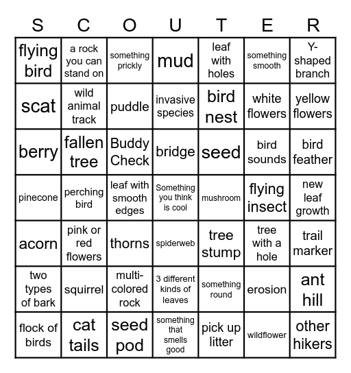 Cub Scout Hike Bingo Card