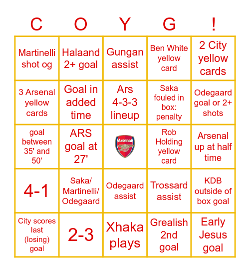 Ars v City Bingo Card