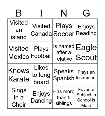 Getting To Know You Bingo Card