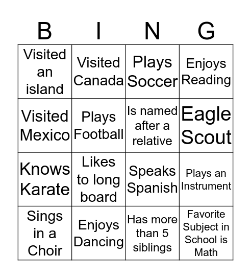 Getting To Know You Bingo Card