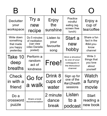 Day 1 - Mental Wellness Bingo Card