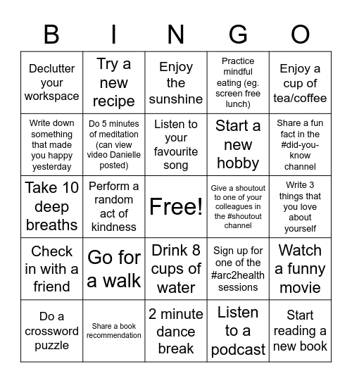 Day 1 - Mental Wellness Bingo Card