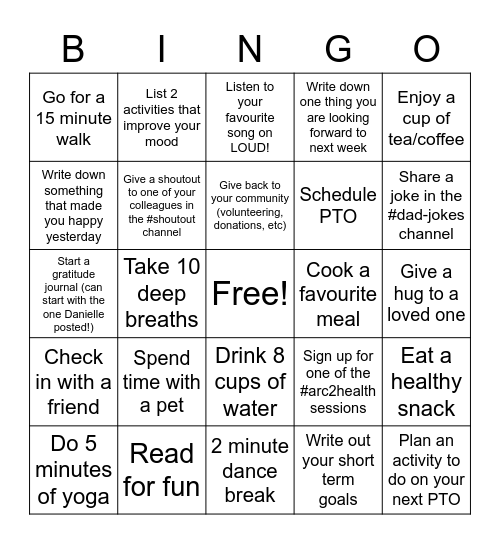 Day 2 - Mental Wellness Bingo Card