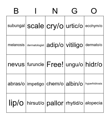 Integumentary System Bingo Card