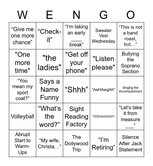 Wengo Bingo Card