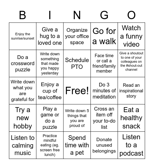 Day 3 - Mental Wellness Bingo Card
