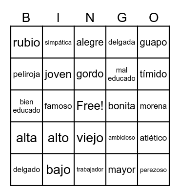 physical descriptions Bingo Card