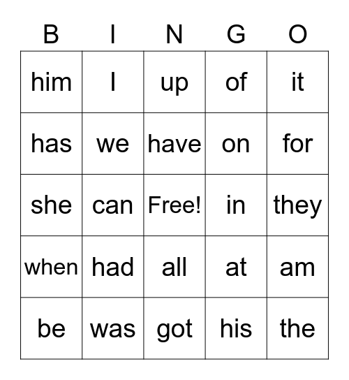 Kindergarten Sight Words (50) Bingo Card