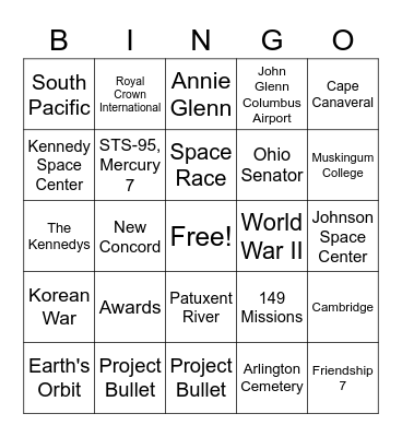 John and Annie Glenn Bingo Card