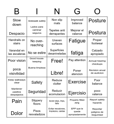 Fall Prevention Bingo Card