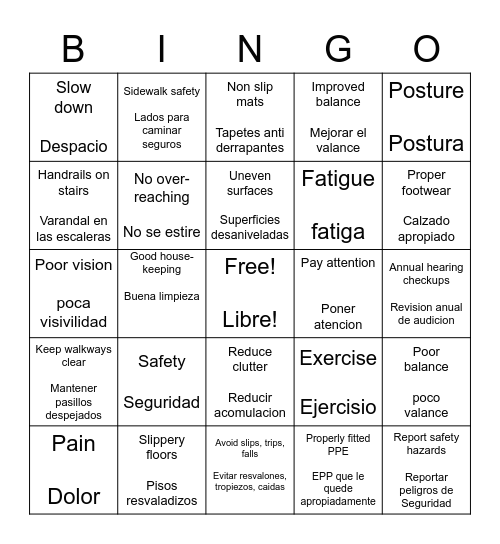 Fall Prevention Bingo Card