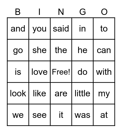 Sight Words One Bingo Card