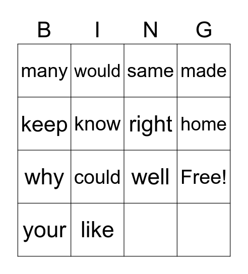 words Bingo Card