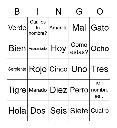 Spanish Review Bingo Card