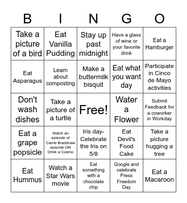 HVTA Fun Committee May Activities Bingo Card