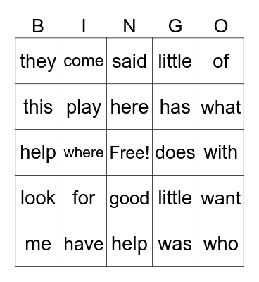 Sight Words Two Bingo Card