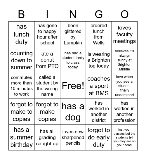 Teacher Bingo Card