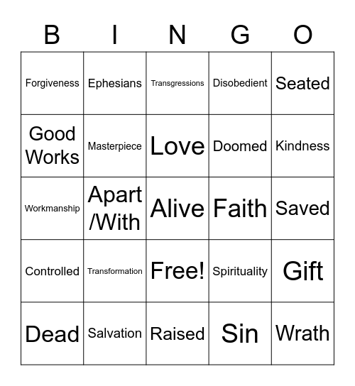 Ephesians 2: 1 - 10 Bingo Card