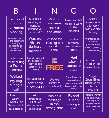 WFH Never Have I Ever Bingo Card