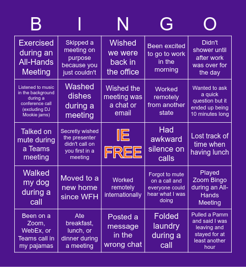 WFH Never Have I Ever Bingo Card