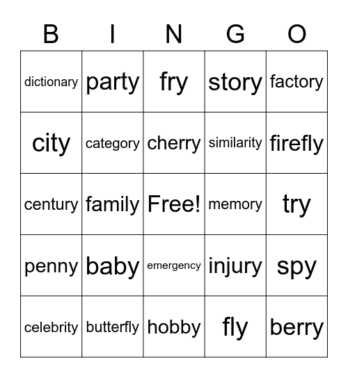 Plurals -ies Bingo Card