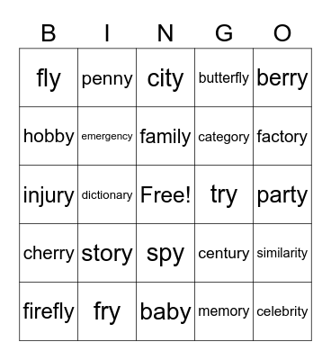 Plurals -ies Bingo Card