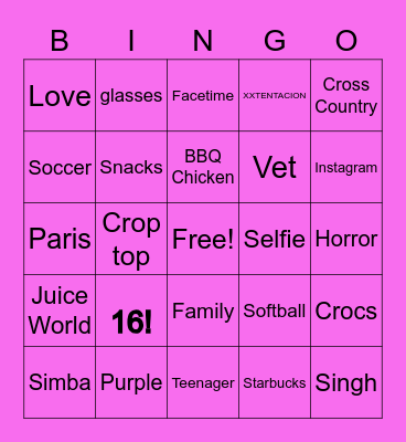 Taija's Sweet 16 Birthday Bingo Card