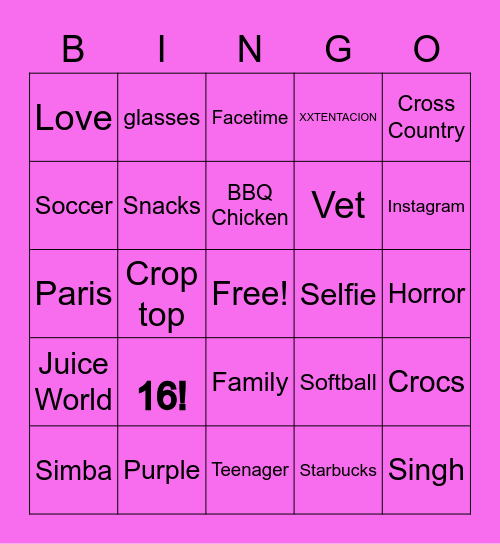 Taija's Sweet 16 Birthday Bingo Card